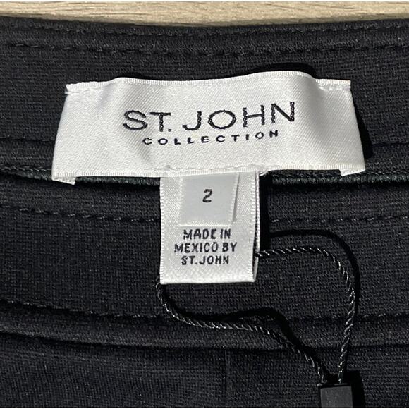 New St John LEXI Black Leggings Women 2 Leather Piping Pants Ankle Stretch Knit - Picture 3 of 8